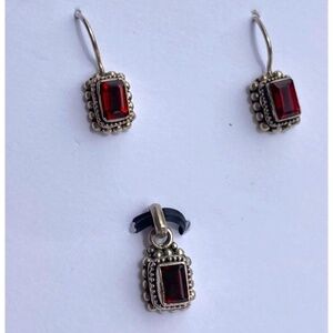 Sterling Silver Garnet Rectangular  Earrings with matching Pendant Set